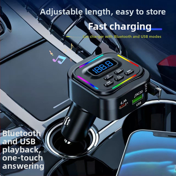 Automobilinis įkroviklis su greitu įkrovimu, ištraukiamas kabelis, Bluetooth laisvų rankų, USB atminties laikmenos skaitytuvas, FM įtampos ekranas