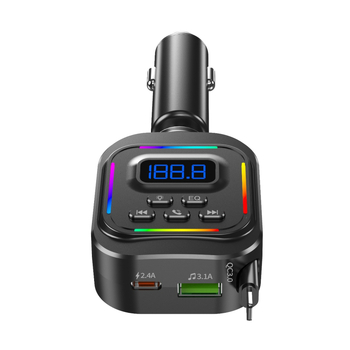 Automobilinis įkroviklis su greitu įkrovimu, ištraukiamas kabelis, Bluetooth laisvų rankų, USB atminties laikmenos skaitytuvas, FM įtampos ekranas