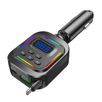 Automobilinis įkroviklis su greitu įkrovimu, ištraukiamas kabelis, Bluetooth laisvų rankų, USB atminties laikmenos skaitytuvas, FM įtampos ekranas