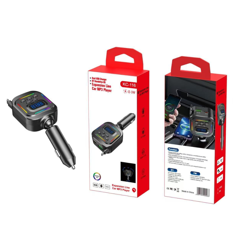 Automobilinis įkroviklis su greitu įkrovimu, ištraukiamas kabelis, Bluetooth laisvų rankų, USB atminties laikmenos skaitytuvas, FM įtampos ekranas