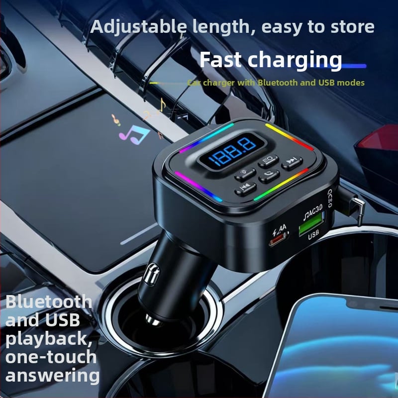 Automobilinis įkroviklis su greitu įkrovimu, ištraukiamas kabelis, Bluetooth laisvų rankų, USB atminties laikmenos skaitytuvas, FM įtampos ekranas