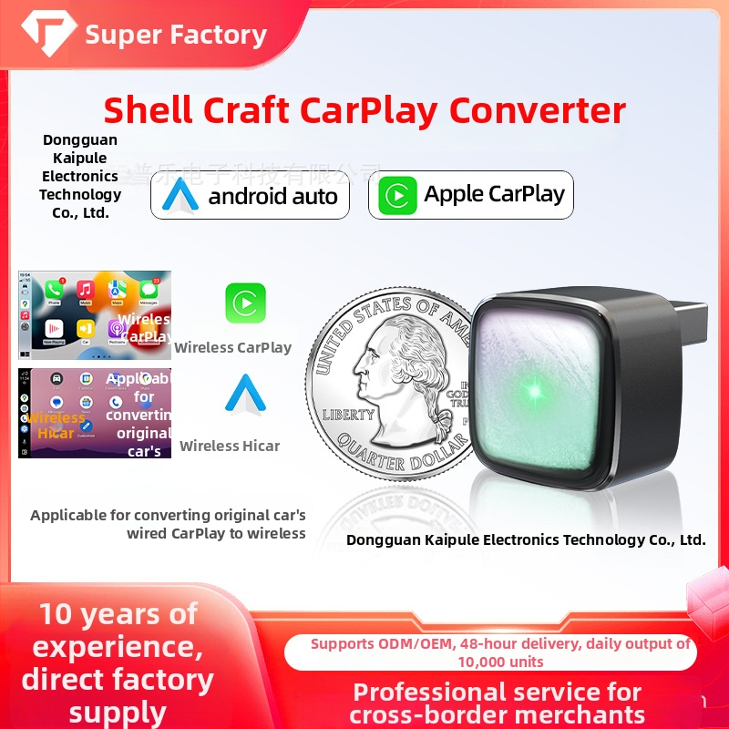 Vezetékes CarPlayhez wireless adapter Android Auto-val — kétfunkciós modul eredeti CarPlay autókhoz; ABS+PC ház; tömeg 70,4 g; hivatalos verzió; kompatibilis minden CarPlay-eredeti modellen