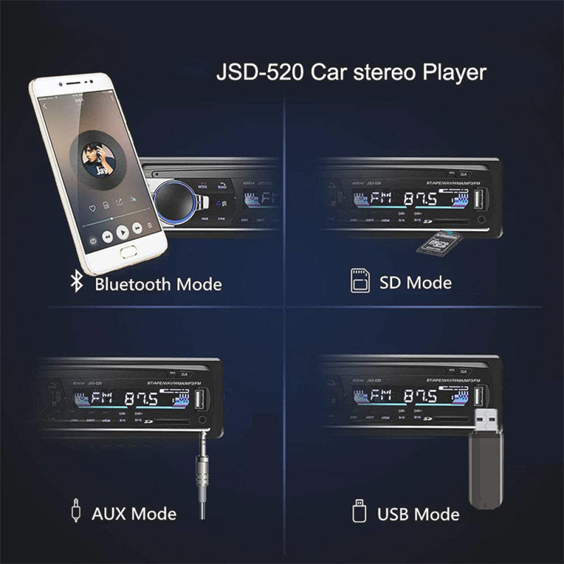 Autó Bluetooth MP3 lejátszó, JSD-520, FM rádió, ISO csatlakozó, 12-24V, monokróm kijelző
