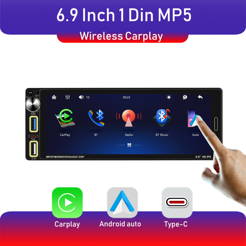 6,9-inčni MP5 automobilski player, jedne DIN veličine, USB i Type-C punjenje, Bluetooth bežični CarPlay, središnja jedinica ploče