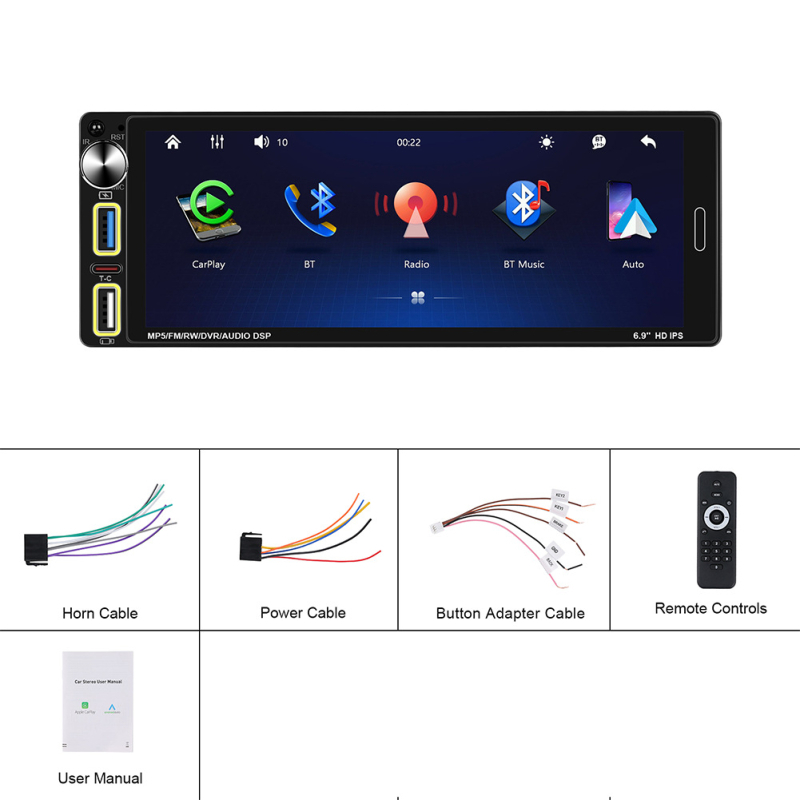 6,9-inčni MP5 automobilski player, jedne DIN veličine, USB i Type-C punjenje, Bluetooth bežični CarPlay, središnja jedinica ploče