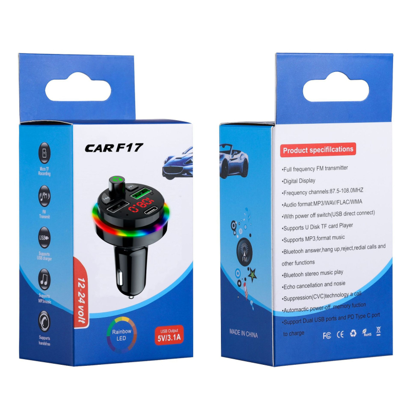 Auto Bluetooth MP3 player s ambientnim osvjetljenjem i slotom za karticu, QC3.0 brzo punjenje, Bluetooth prijemnik
