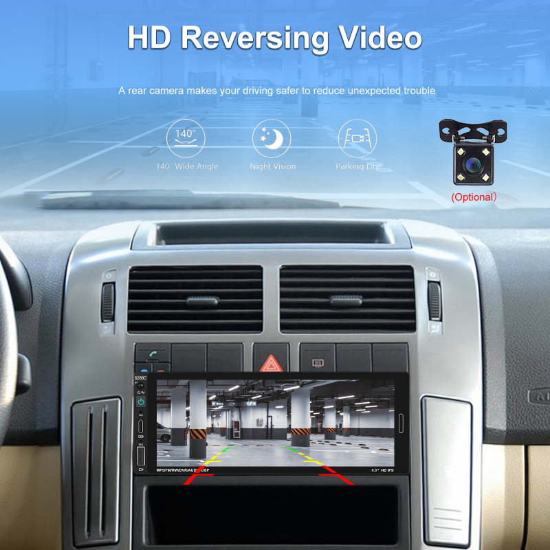 MP5 automobilių multimediatorių 6288C su laidiniu CarPlay ir Bluetooth, 12–24V DC, SD kortelės palaikymas, LED ekranas, vaizdo formatai AVI/RMVB/MP4/MKV