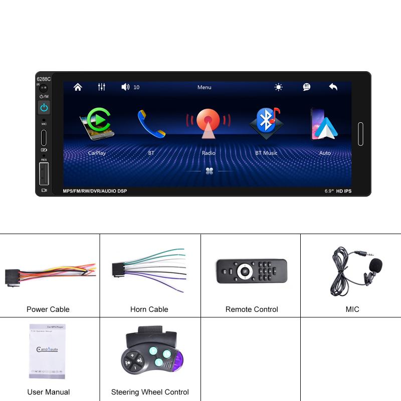 MP5 automobilių multimediatorių 6288C su laidiniu CarPlay ir Bluetooth, 12–24V DC, SD kortelės palaikymas, LED ekranas, vaizdo formatai AVI/RMVB/MP4/MKV