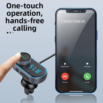 Autó Bluetooth FM átjátszó adó QC3.0 és PD gyors töltéssel, modell T78, bemenet 12–24 V, USB interfész, FM továbbítás, 1,3 hüvelykes monokróm kijelző