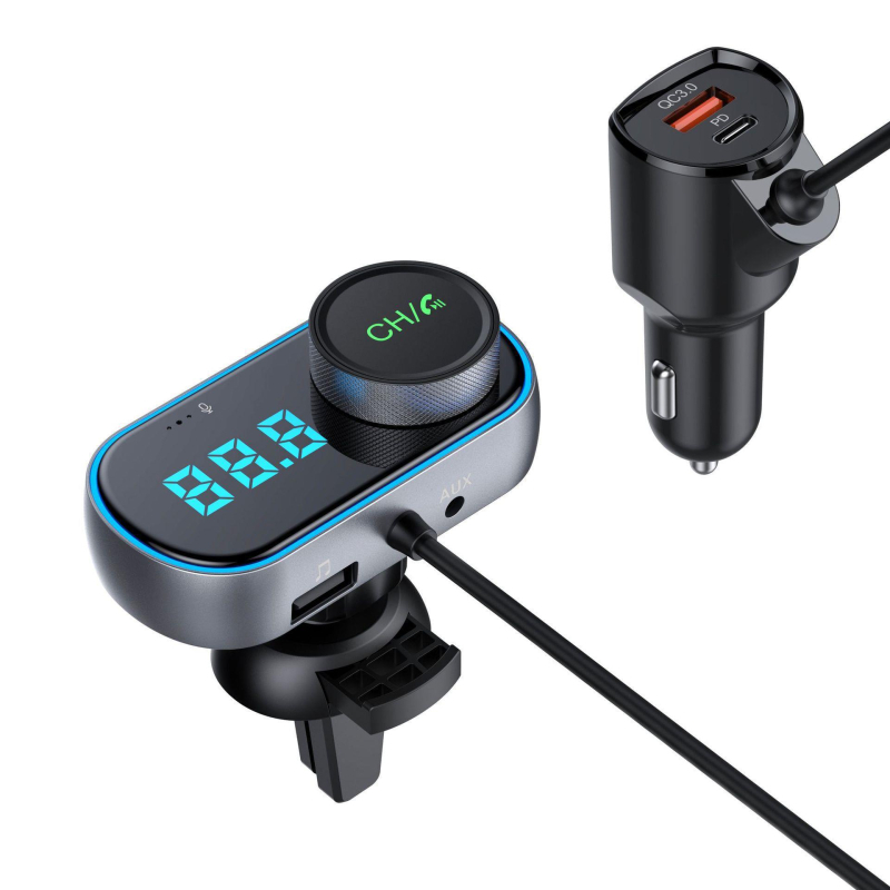 Autó Bluetooth FM átjátszó adó QC3.0 és PD gyors töltéssel, modell T78, bemenet 12–24 V, USB interfész, FM továbbítás, 1,3 hüvelykes monokróm kijelző