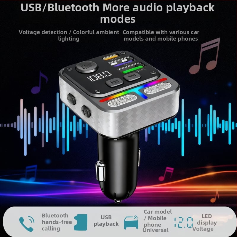 Autós töltő gyors töltéssel, Bluetooth MP3 lejátszó, FM rádió, USB meghajtó olvasása (QC-05 modell, 12–24 V)