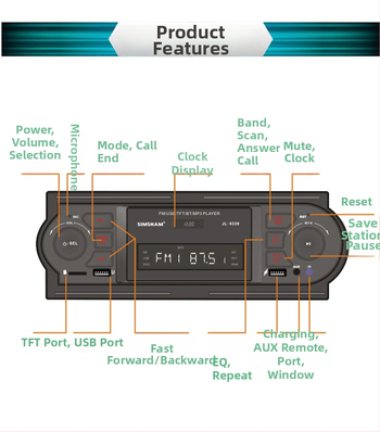 SIMSHAM JL8339 autós Bluetooth MP3 lejátszó USB MP3 forrással, FM rádióval, 12V tápegységgel, monokróm kijelzővel