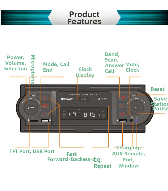 SIMSHAM JL8339 autós Bluetooth MP3 lejátszó USB MP3 forrással, FM rádióval, 12V tápegységgel, monokróm kijelzővel