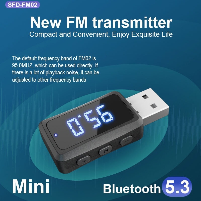 Automobilski Bluetooth FM transmitter-prijemnik s digitalnim zaslonom, model FM02, USB sučelje, Bluetooth 5.3, 2,4 GHz, domet 10 m