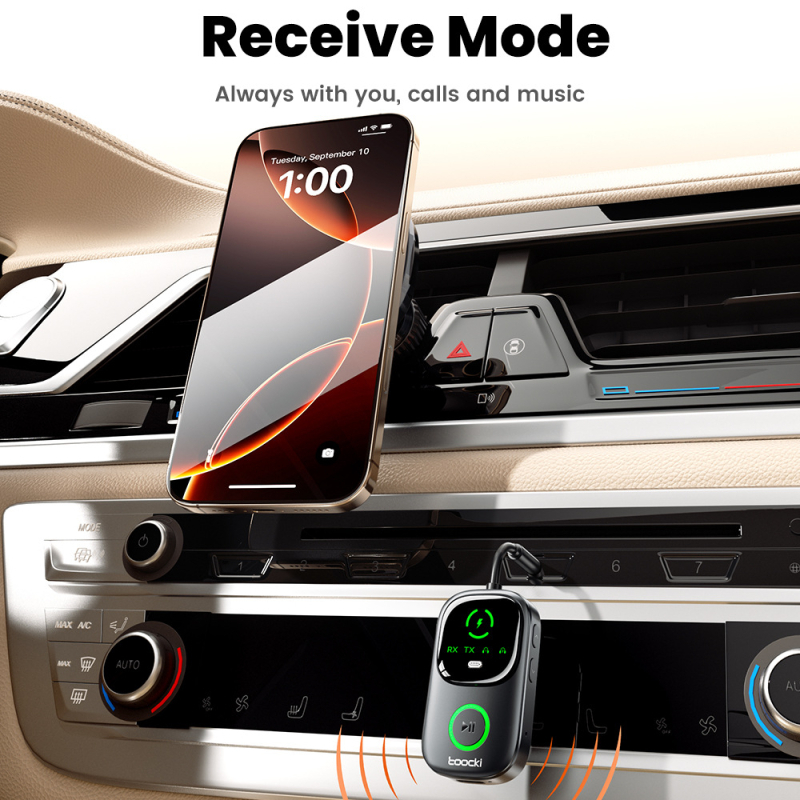 Toocki BT05 Bluetooth 5.4 prijemnik i odašiljač AUX 3,5 mm, dva u jednom za automobil, zrakoplov i kućnu upotrebu, Plug & Play, domet 10 m