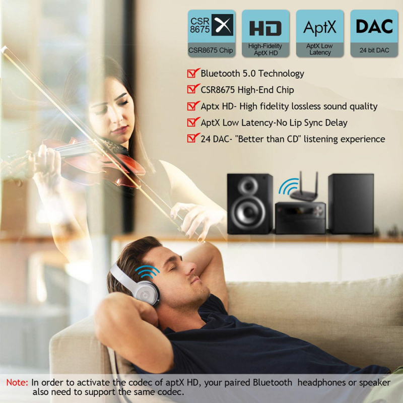 Bluetooth prijemnik i transmiter s antenom, model B21, BT 5.0, sučelja: 3,5 mm, RCA, SPDIF, Plug‑and‑Play, domet 80 m