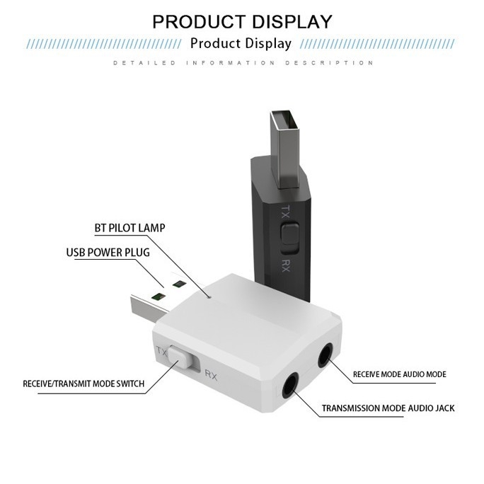Bluetooth audio adapter 3-u-1: prijemnik i emitor, USB zvučna kartica, AUX, za TV i računalo, model ZF-169 Plus, Bluetooth 5.0, USB i 3,5 mm AUX sučelje, bez vanjskog napajanja, domet do 10 m