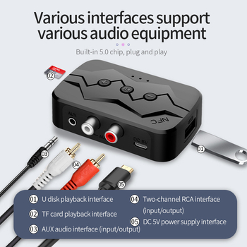 Bluetooth prijemnik i emiter s NFC, reprodukcija s TF kartom i USB pogonom, 3,5 mm / RCA zvučničko sučelje, Plug‑and‑Play, Bluetooth 5.0