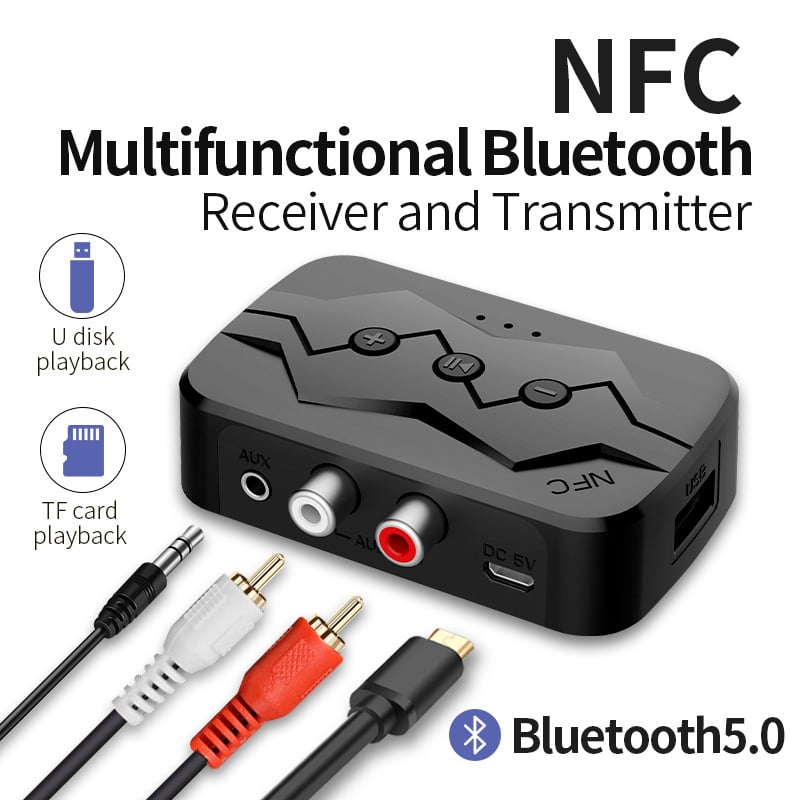 Bluetooth prijemnik i emiter s NFC, reprodukcija s TF kartom i USB pogonom, 3,5 mm / RCA zvučničko sučelje, Plug‑and‑Play, Bluetooth 5.0