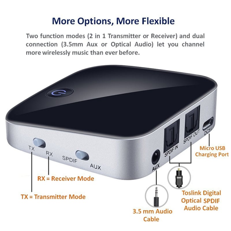 Bluetooth 5.0 audio adapter — prijemnik i odašiljač, dva u jednom, sučelja: Aux i optičko vlakno, Plug-and-Play, domet 10 m
