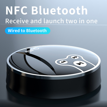 NFC Bluetooth uztvērējs–sūtītājs ar RCA, optisko šķiedru un AUX savienojumiem; plug‑and‑play; Bluetooth 5.0; darbības diapazons 10 m