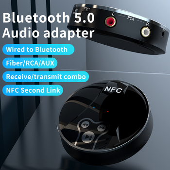 NFC Bluetooth uztvērējs–sūtītājs ar RCA, optisko šķiedru un AUX savienojumiem; plug‑and‑play; Bluetooth 5.0; darbības diapazons 10 m