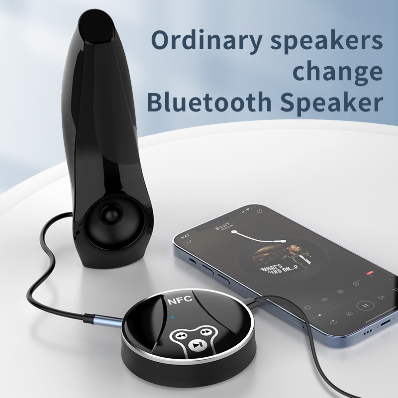 NFC Bluetooth uztvērējs–sūtītājs ar RCA, optisko šķiedru un AUX savienojumiem; plug‑and‑play; Bluetooth 5.0; darbības diapazons 10 m