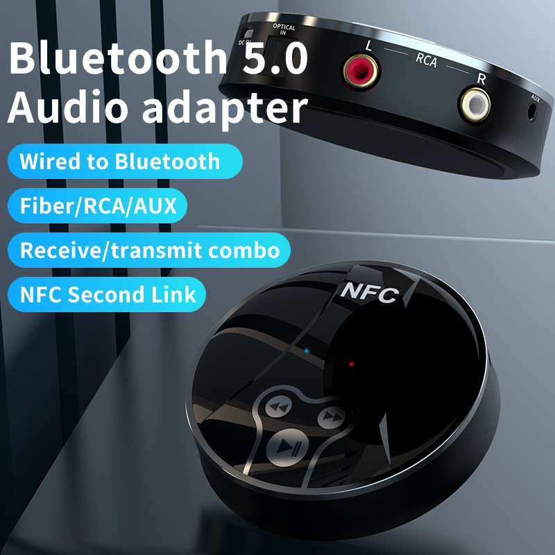 NFC Bluetooth uztvērējs–sūtītājs ar RCA, optisko šķiedru un AUX savienojumiem; plug‑and‑play; Bluetooth 5.0; darbības diapazons 10 m