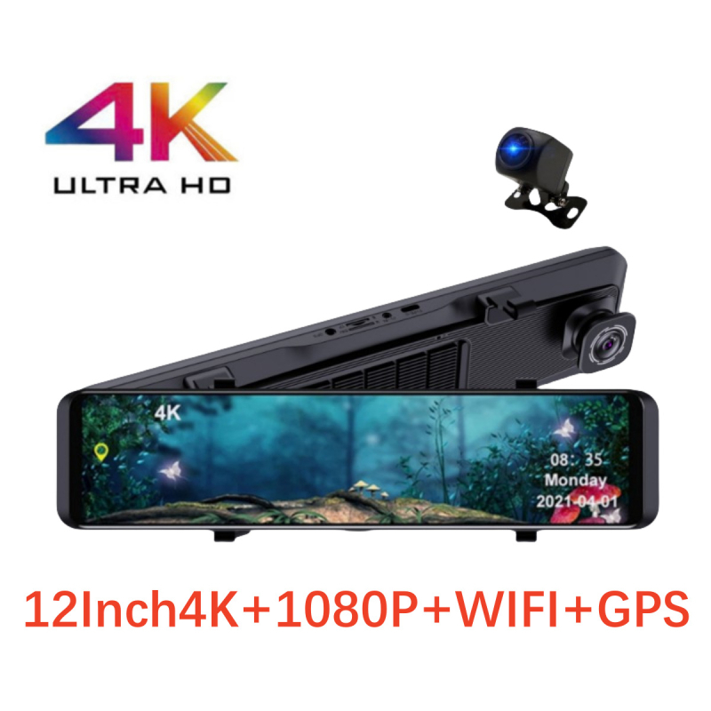 Automobilska kamera u ogledalu za vozača s dvostrukim objektivima, prednji i stražnji, 4K snimanje (2160p), 12-inčni dodirni zaslon, GPS i Wi-Fi, 170° široki kut