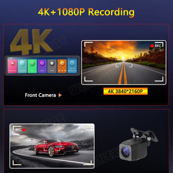 Zrcalna auto kamera registars s prednjim i stražnjim dvostrukim snimanjem, 12-inčni dodirni zaslon, 2160P, 170° kut, CarPlay projekcija, Wi-Fi, Bluetooth, navigacija