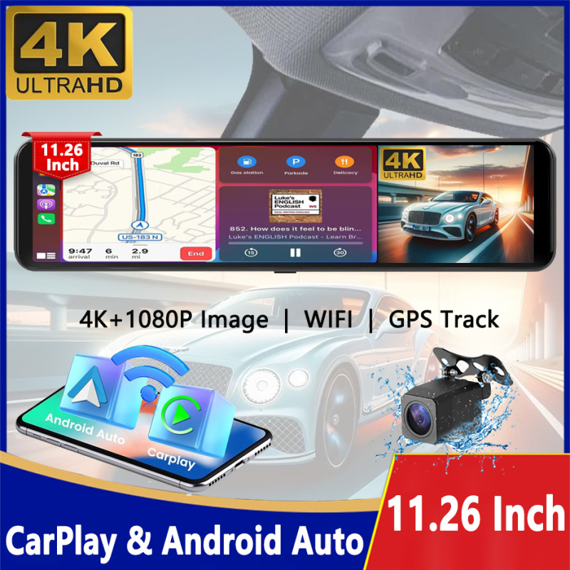 Zrcalna auto kamera registars s prednjim i stražnjim dvostrukim snimanjem, 12-inčni dodirni zaslon, 2160P, 170° kut, CarPlay projekcija, Wi-Fi, Bluetooth, navigacija