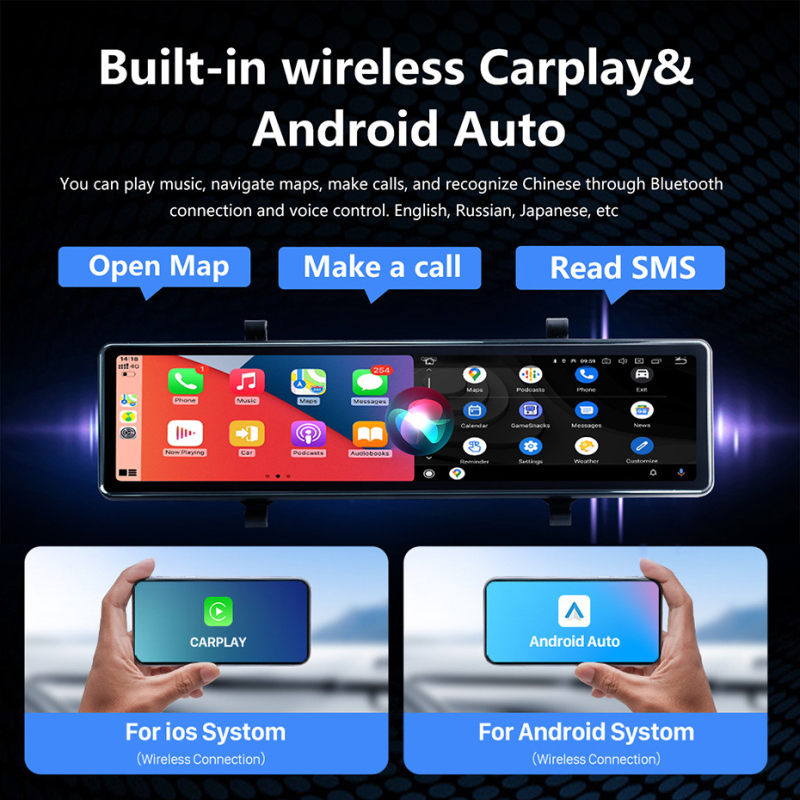Zrcalna auto kamera registars s prednjim i stražnjim dvostrukim snimanjem, 12-inčni dodirni zaslon, 2160P, 170° kut, CarPlay projekcija, Wi-Fi, Bluetooth, navigacija