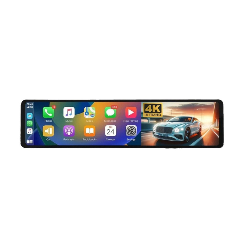 Zrcalna auto kamera registars s prednjim i stražnjim dvostrukim snimanjem, 12-inčni dodirni zaslon, 2160P, 170° kut, CarPlay projekcija, Wi-Fi, Bluetooth, navigacija