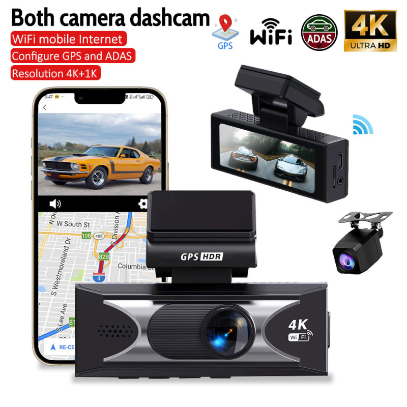 4K dvostruka kamera za automobil s prednjim i stražnjim snimanjem, 170° ultraširoki kut, noćni vid, Wi‑Fi i GPS