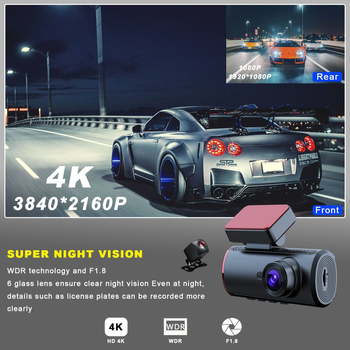 Autó dash cam 4K kettős felvétellel, 170° látószög, F1.8 rekesz, éjszakai látás, Wi-Fi, első szélvédőre szerelhető, TF kártya 128GB-ig, hátsó kép, mozgásérzékelés, hurok felvétel, parkolásfigyelés