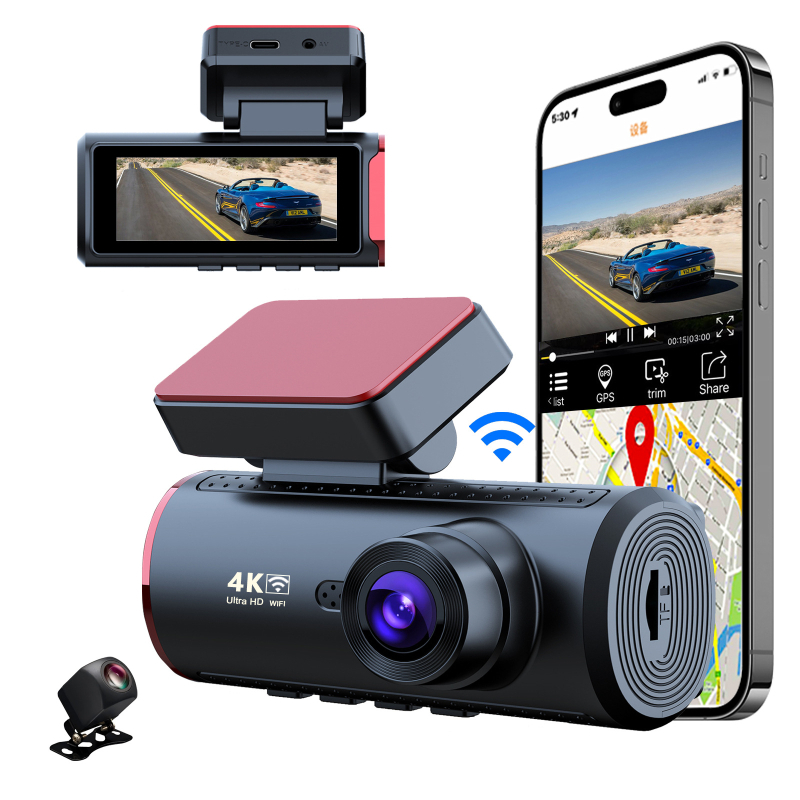 Autó dash cam 4K kettős felvétellel, 170° látószög, F1.8 rekesz, éjszakai látás, Wi-Fi, első szélvédőre szerelhető, TF kártya 128GB-ig, hátsó kép, mozgásérzékelés, hurok felvétel, parkolásfigyelés