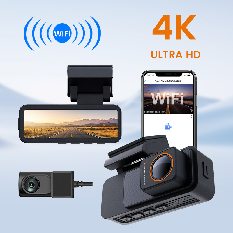 Auto dash cam s dvostrukim snimanjem prednje i stražnje – 4K (2160P) video, 170° širokokutni kut, WiFi, otvor blende F2.0
