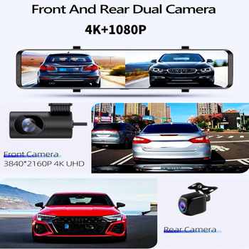 12 hüvelykes 4K kétkamerás dash cam autó tükrös, WiFi és GPS, 170° elő- és hátsó felvétel, 128GB tárhely, hurkolt felvétel, érintőképernyő, 2160P