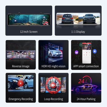12 hüvelykes 4K kétkamerás dash cam autó tükrös, WiFi és GPS, 170° elő- és hátsó felvétel, 128GB tárhely, hurkolt felvétel, érintőképernyő, 2160P