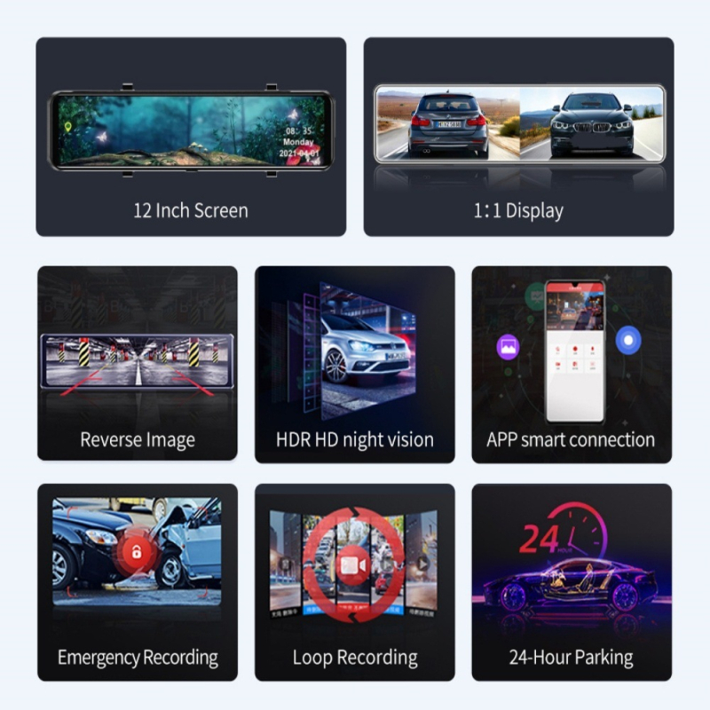 12 hüvelykes 4K kétkamerás dash cam autó tükrös, WiFi és GPS, 170° elő- és hátsó felvétel, 128GB tárhely, hurkolt felvétel, érintőképernyő, 2160P