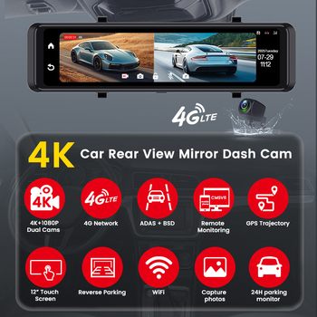 4K felbontású videó (2160P) és 4G adatfolyam, visszapillantó tükör kamera elöl-hátul kettős felvétellel, ADAS, 170° széles látószög