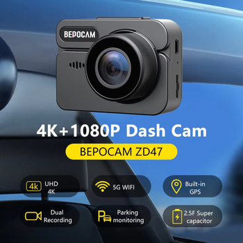 Camera DVR pentru mașină 4K cu lentilă duală, GPS și Wi-Fi, unghi de cuprindere 170°, 256GB memorie