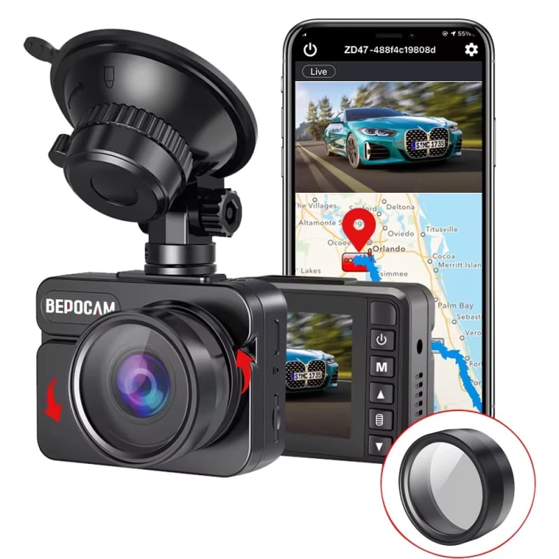 Camera DVR pentru mașină 4K cu lentilă duală, GPS și Wi-Fi, unghi de cuprindere 170°, 256GB memorie
