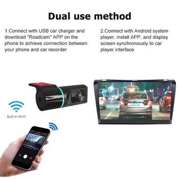 Skrivena Wi‑Fi auto kamera, Ultra HD noćni vid, 140° kut gledanja, montaža na prednje staklo, povezana s aplikacijom, 1080p, snimanje u petlji