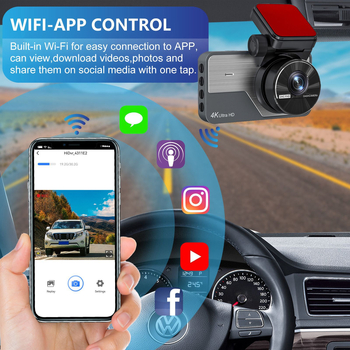 Kétkamerás autós DVR előre 4K és hátra 2K felbontással, 3 hüvelykes kijelző, Wi‑Fi, parkolásfigyelés, éjszakai látás