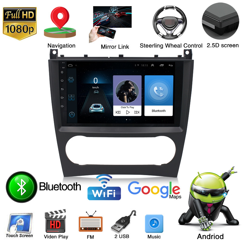 Mercedes‑Benz C‑osztály/W203 (2005–2011), 9 hüvelykes Android GPS navigáció, kapacitív érintőképernyő, MP5 multimédia, 12V tápegység