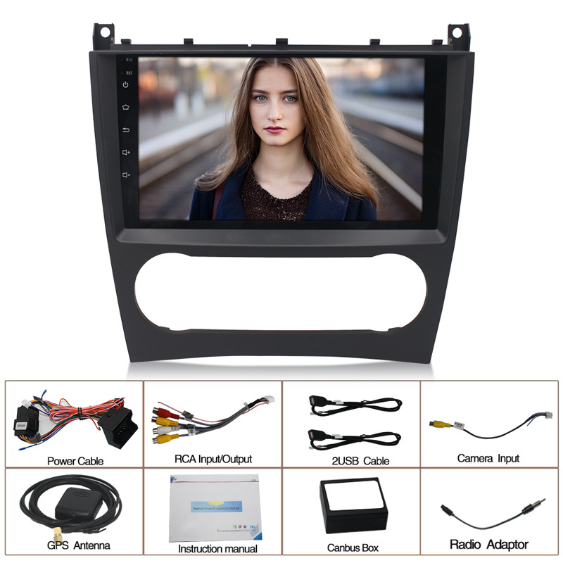 Mercedes‑Benz C‑osztály/W203 (2005–2011), 9 hüvelykes Android GPS navigáció, kapacitív érintőképernyő, MP5 multimédia, 12V tápegység