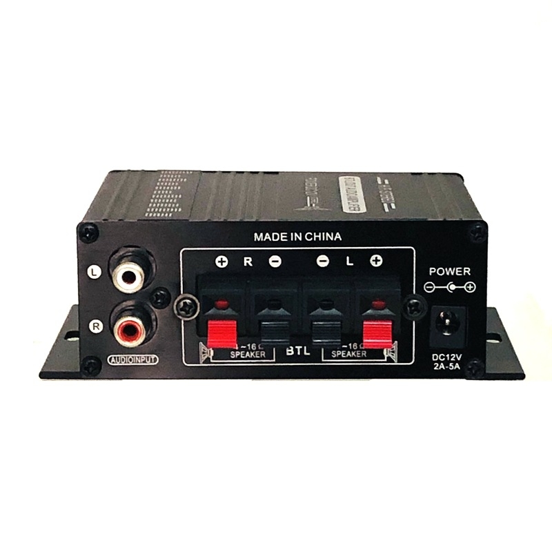 HiFi divkanālu auto jaudas pastiprinātājs — 12V DC, 20W×2, 4Ω, alumīnija korpuss, RCA ievads