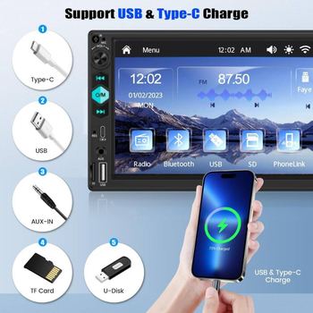 Autó MP5 lejátszó LCD kijelzővel, 7044c modell; USB csatlakozás; videóformátumok: AVI, RMVB, MPEG-4, FLV, MPG, Realplay, MOV; hangformátumok: MP3, WMA, WAV, APE, FLAC