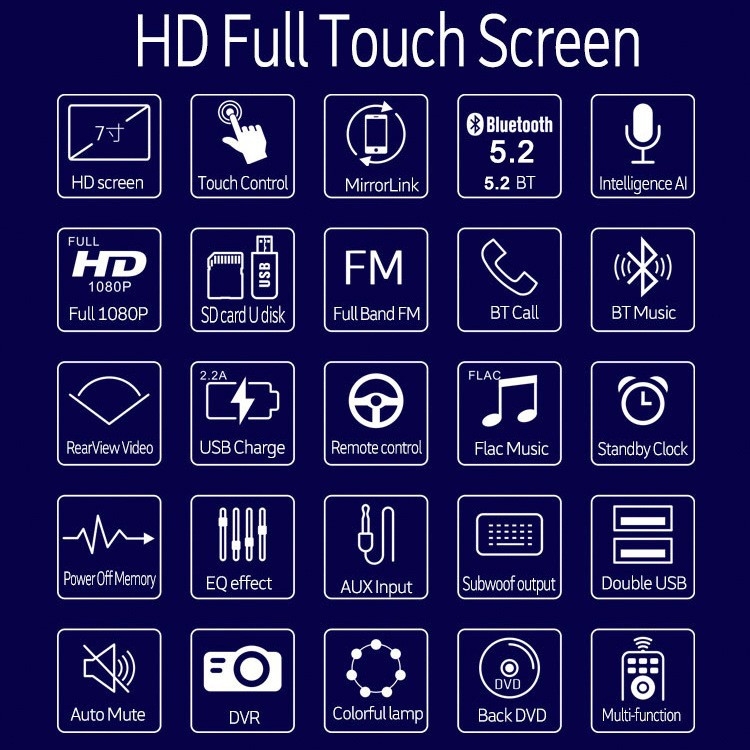 Automobilio Bluetooth MP5 grotuvas su kapacitiniu jutikliniu ekranu, OLED ekranas, modelis 7220S, 12V DC, atbulinės eigos vaizdas